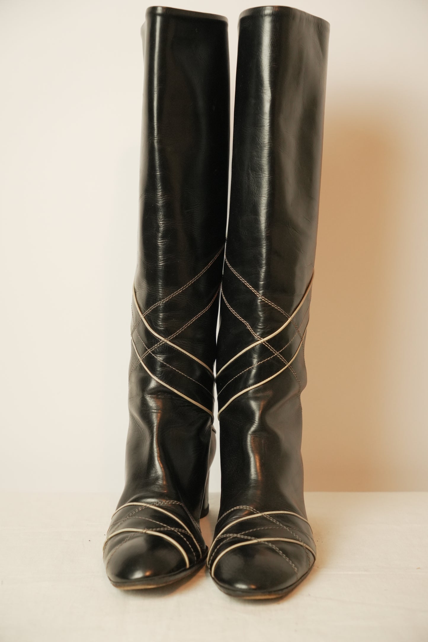 Bally Knee High Boots w White Piping