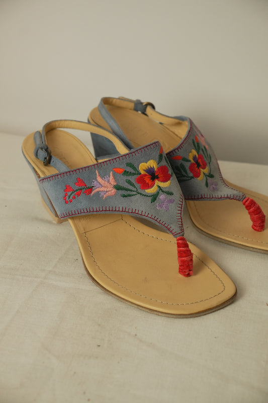 Miu Miu Suede Floral Embroidered Sandal Heels Sz36.5