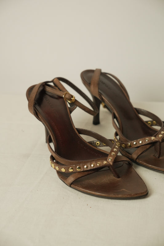 Paradis Noir Brown Cross Cross Leather Strappy Sandal Heels Sz 24.5