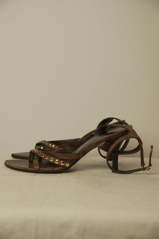 Paradis Noir Brown Cross Cross Leather Strappy Sandal Heels Sz 24.5