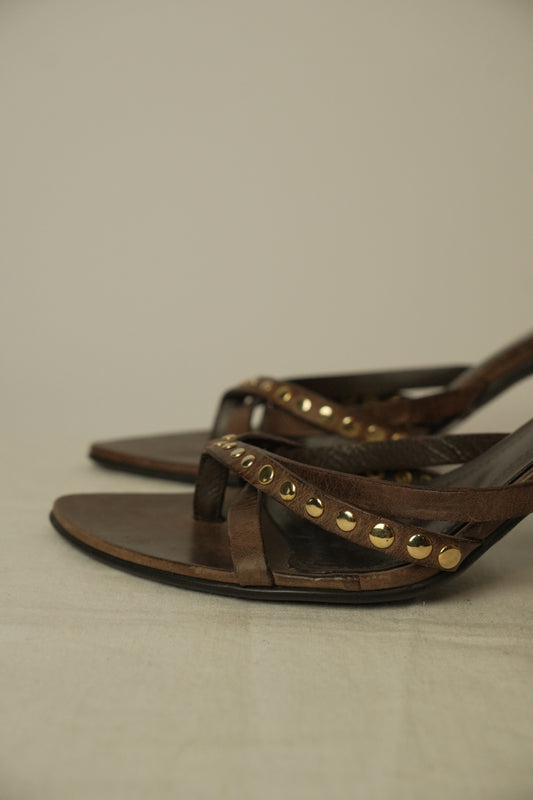 Paradis Noir Brown Cross Cross Leather Strappy Sandal Heels Sz 24.5
