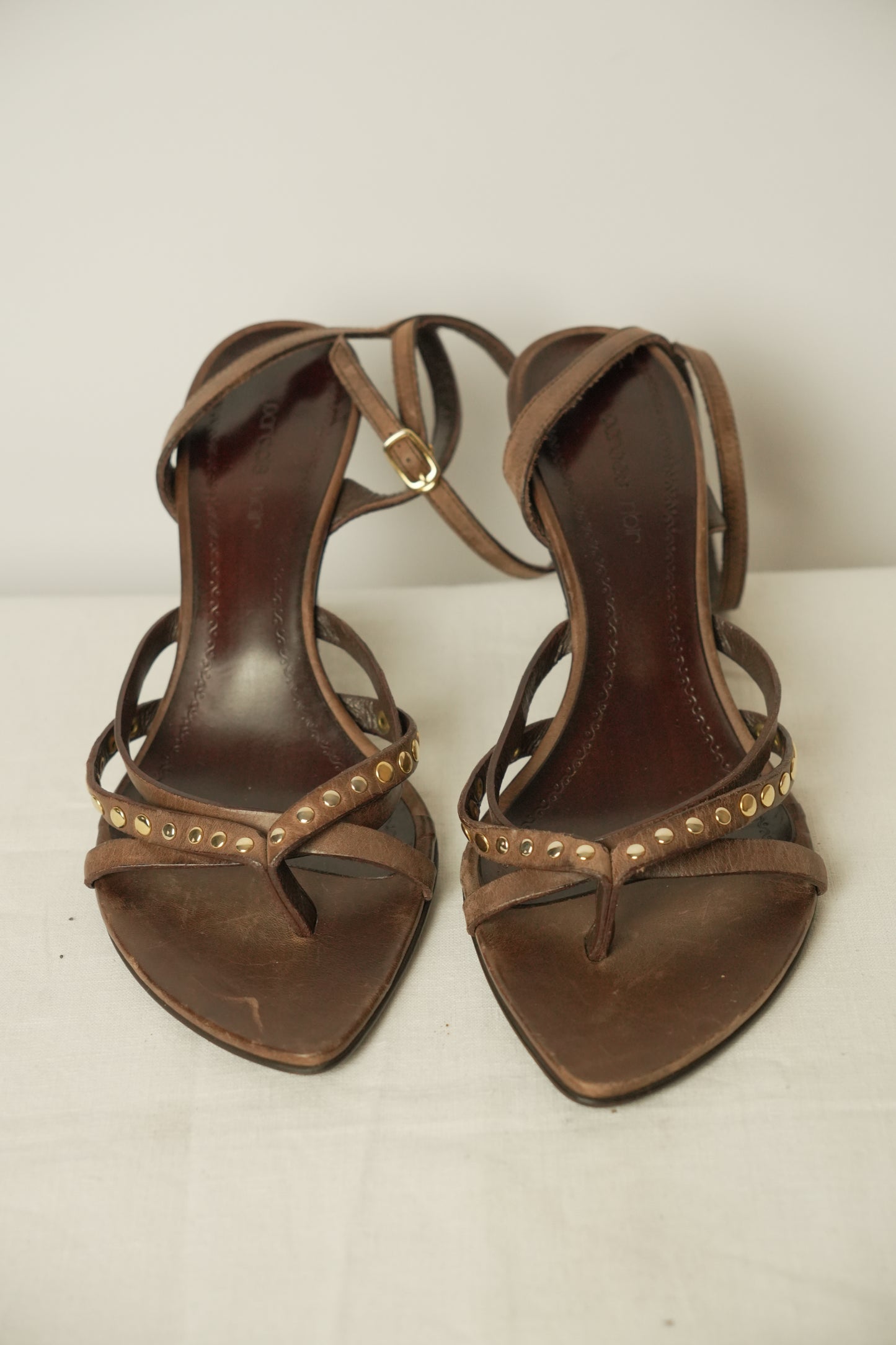 Paradis Noir Brown Cross Cross Leather Strappy Sandal Heels Sz 24.5