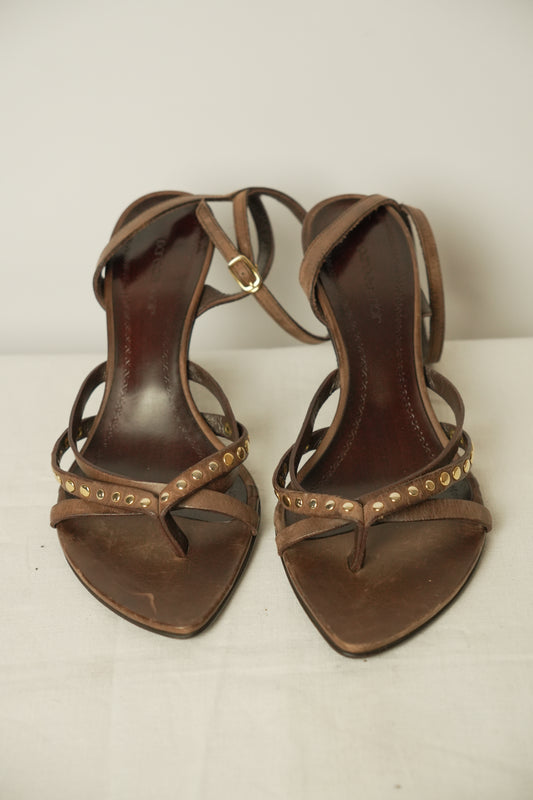 Paradis Noir Brown Cross Cross Leather Strappy Sandal Heels Sz 24.5