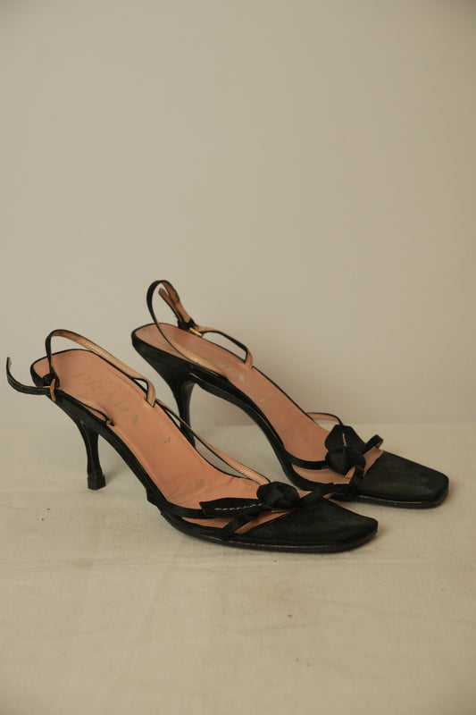 Prada Satin Leaf Flower Strap Back Pumps