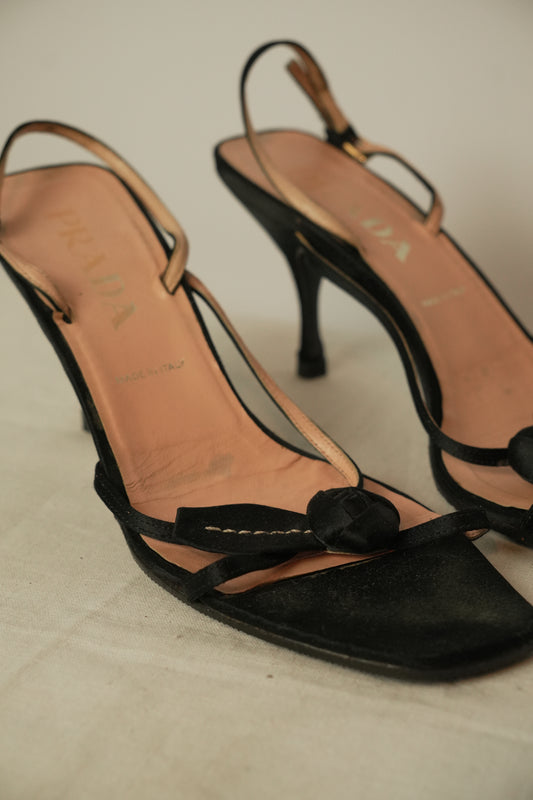 Prada Satin Leaf Flower Strap Back Pumps