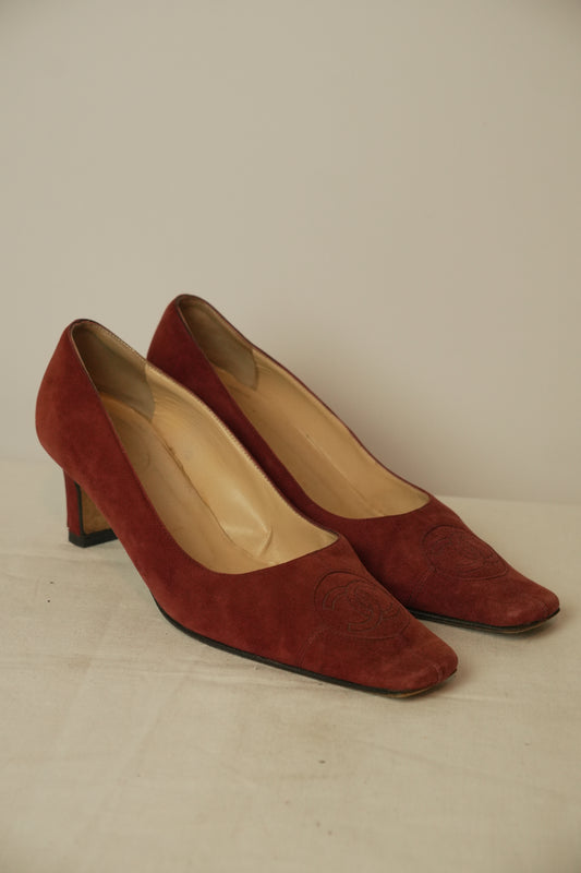 Chanel Red Suede CC Logo Square Toe Heels