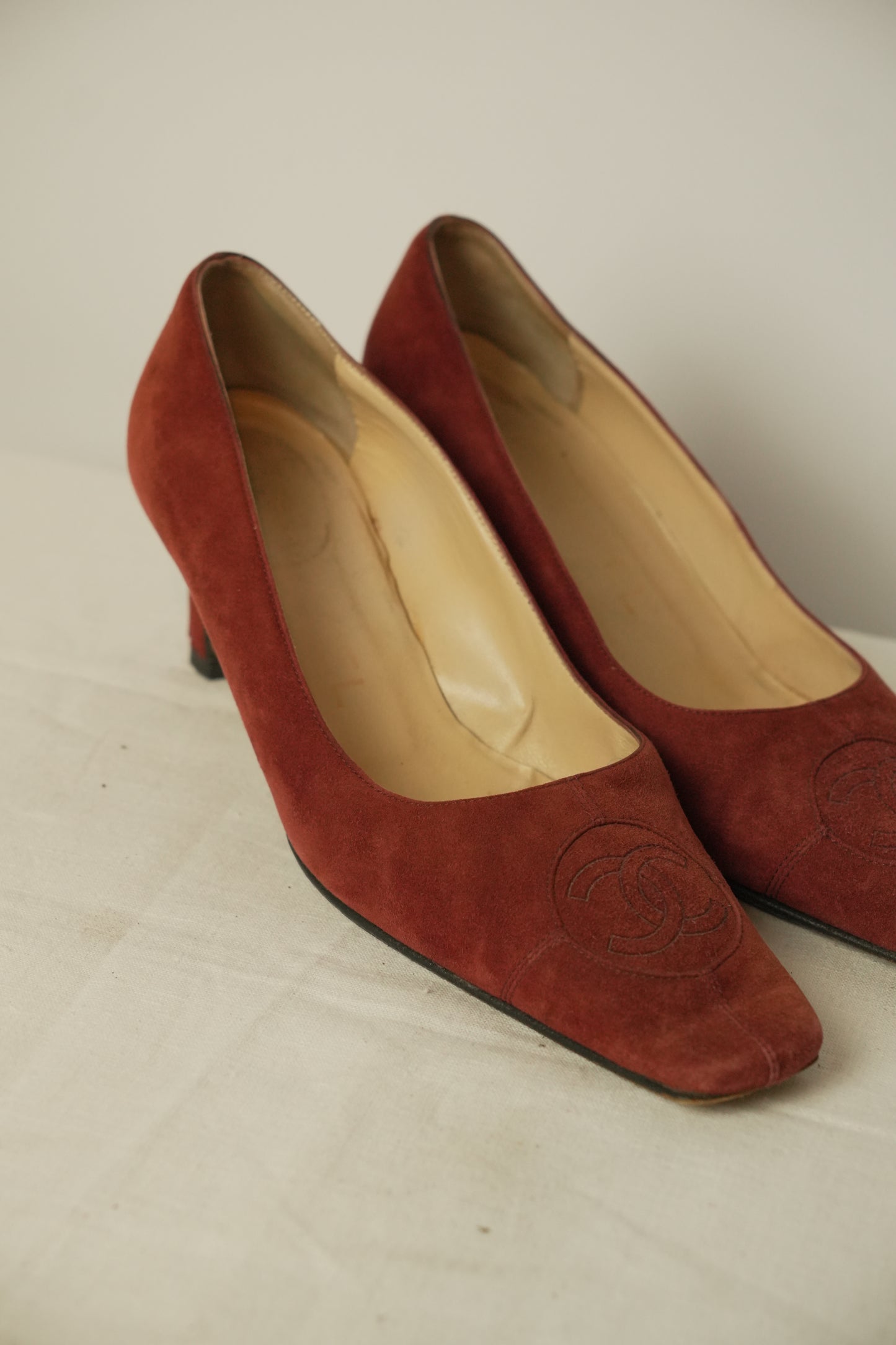 Chanel Red Suede CC Logo Square Toe Heels