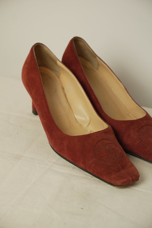 Chanel Red Suede CC Logo Square Toe Heels
