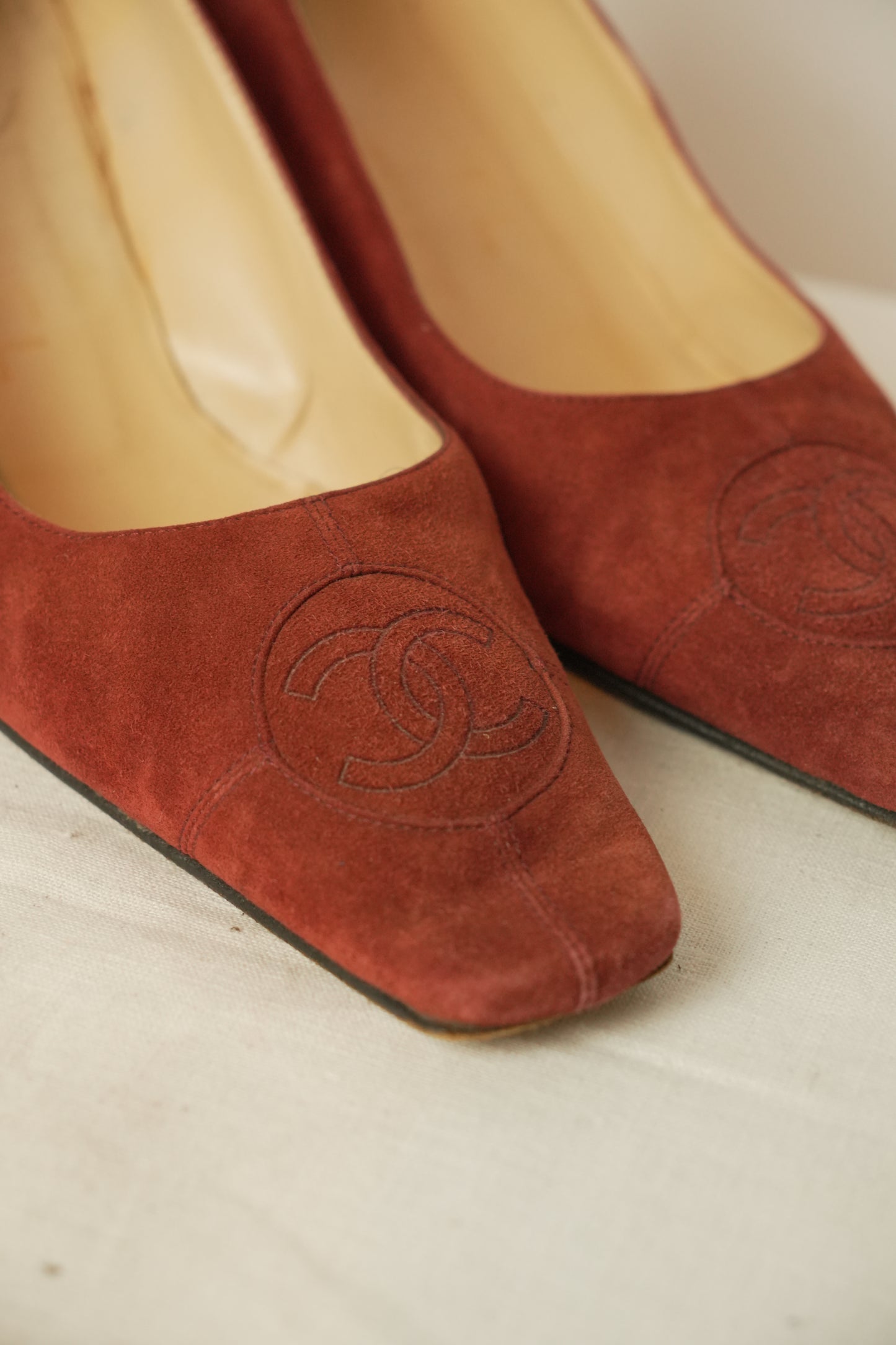 Chanel Red Suede CC Logo Square Toe Heels