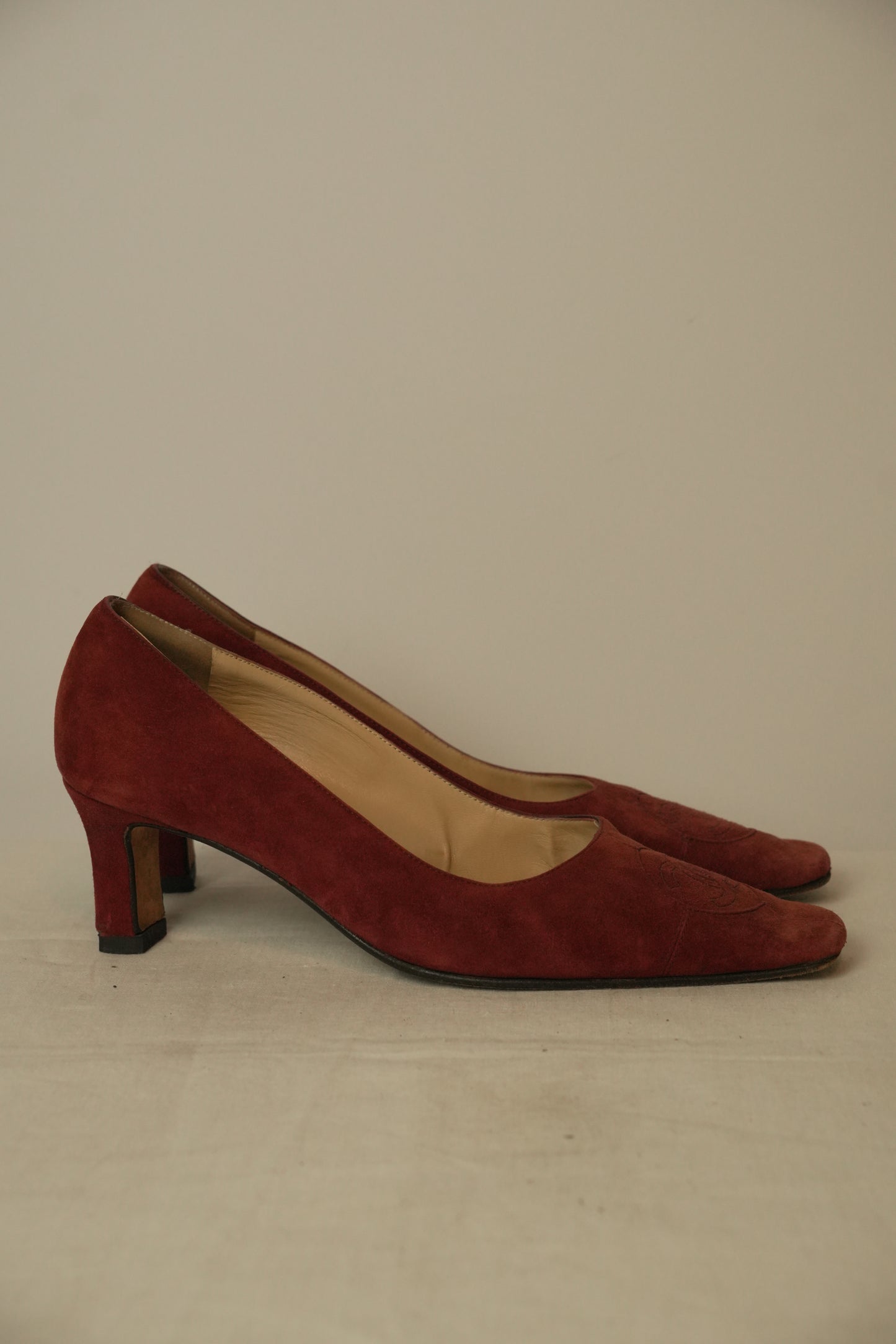 Chanel Red Suede CC Logo Square Toe Heels