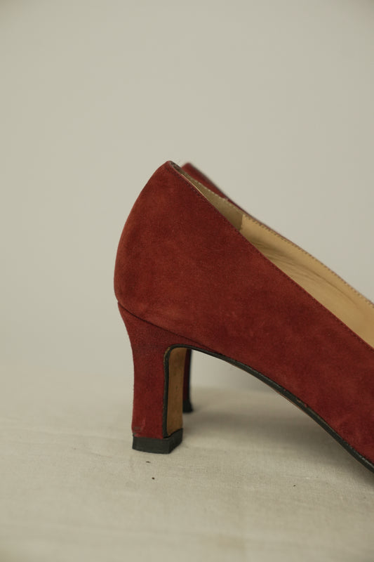 Chanel Red Suede CC Logo Square Toe Heels