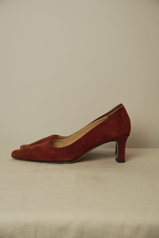 Chanel Red Suede CC Logo Square Toe Heels