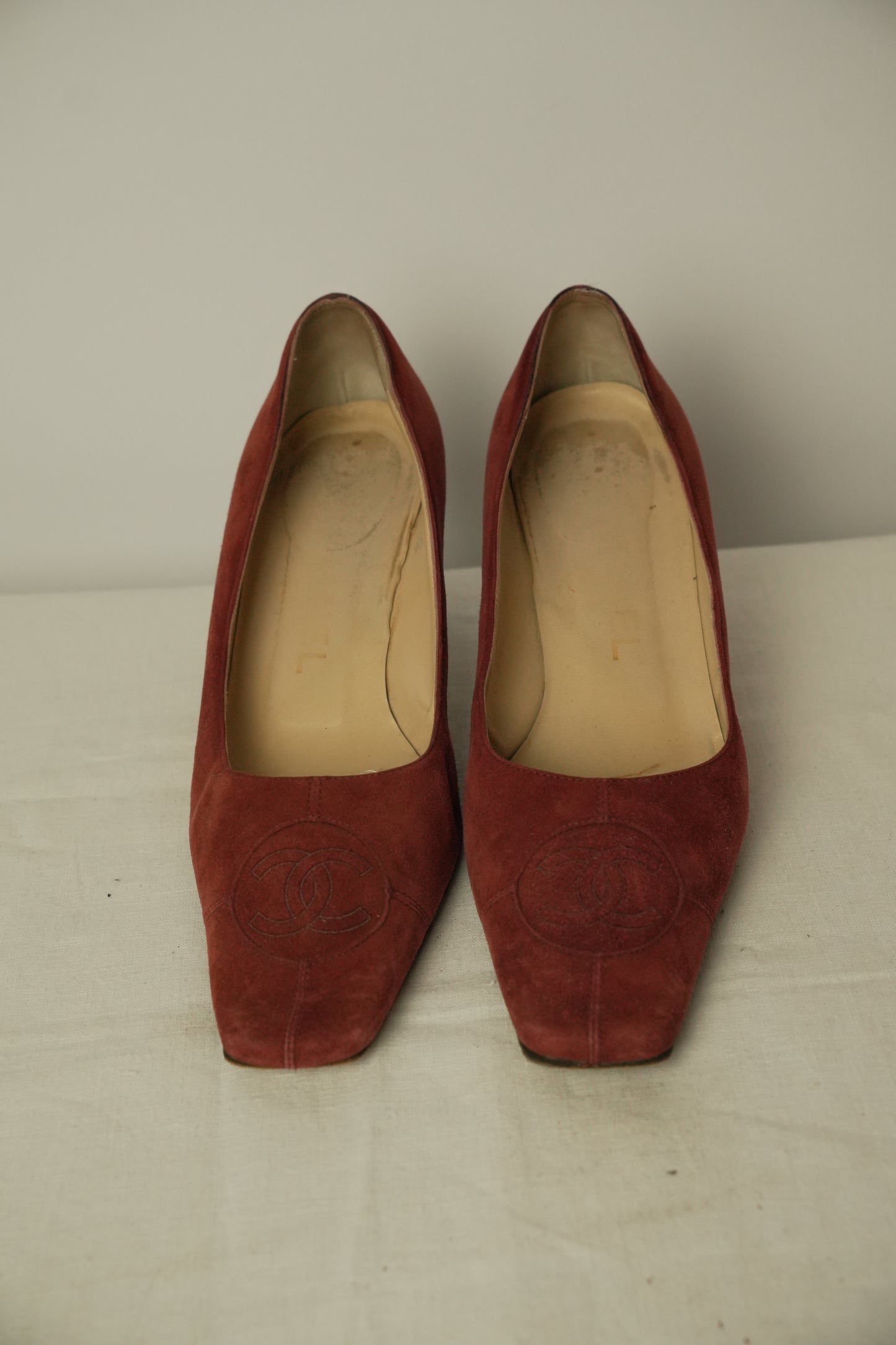 Chanel Red Suede CC Logo Square Toe Heels