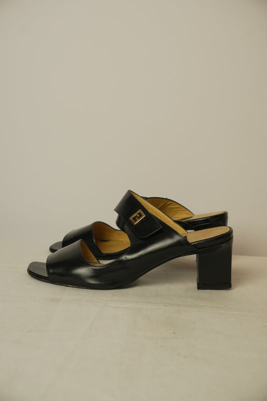 Fendi Peeptoe Leather Strap Sandal Heels Sz 36