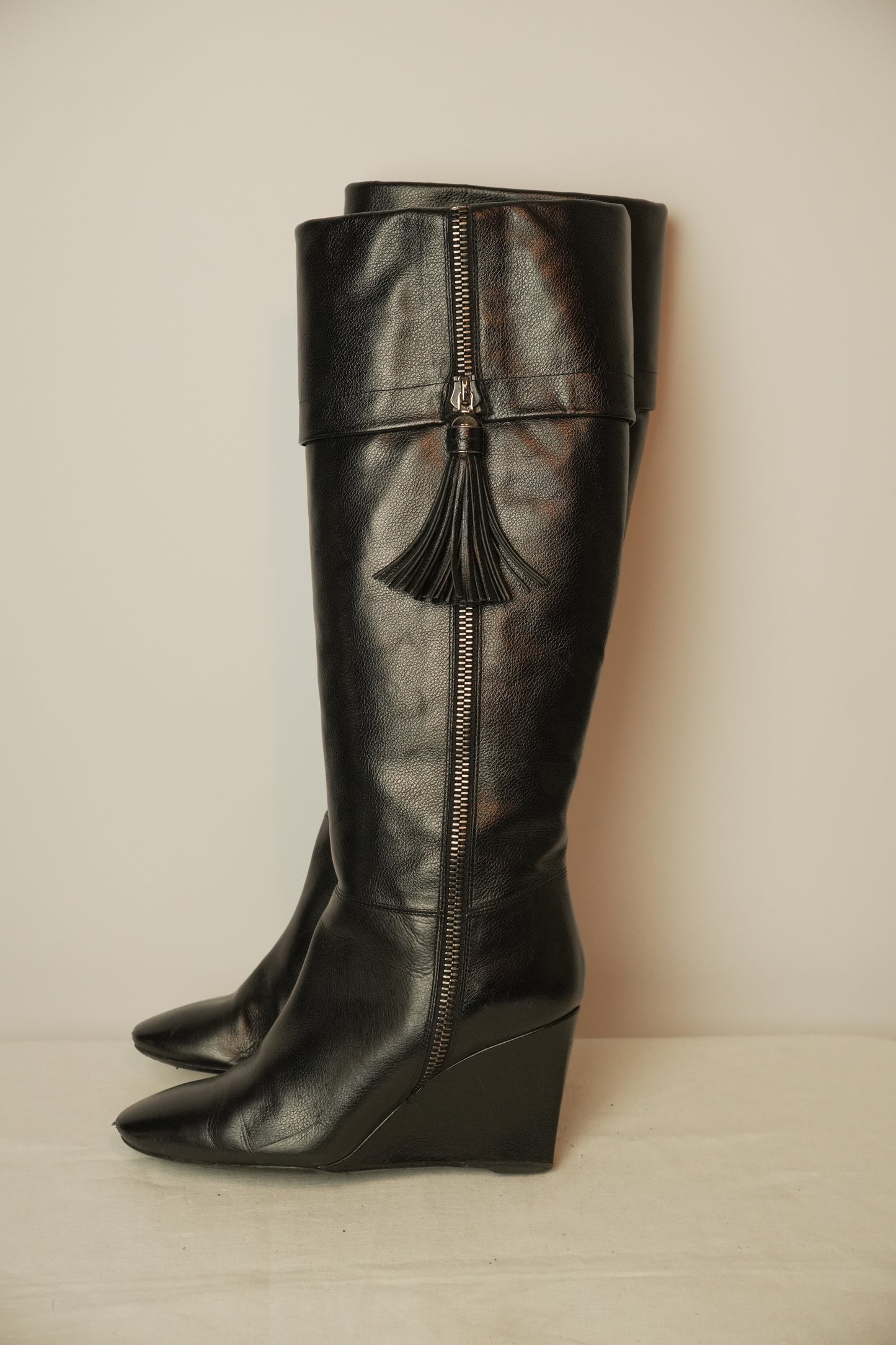 Christian Dior Black Leather Boots w Zipper Tassel Sz37