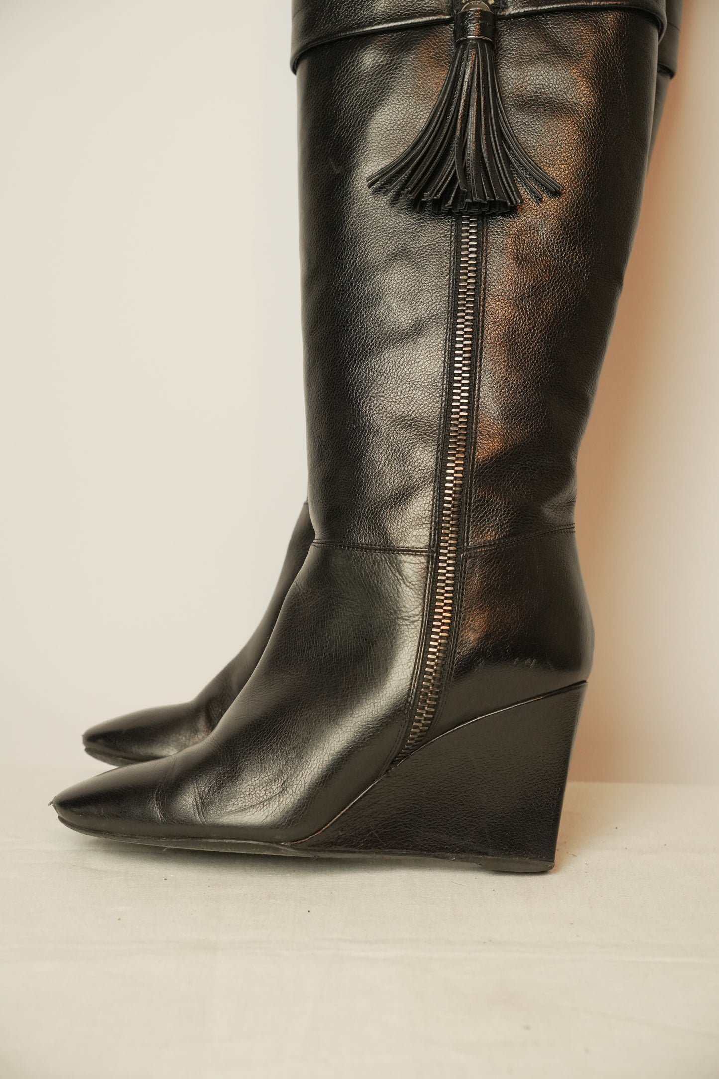 Christian Dior Black Leather Boots w Zipper Tassel Sz37