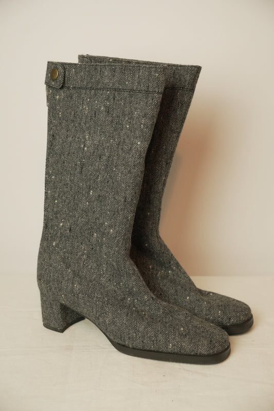 Made in Japan Tweed Wool w Snap Button Knee High Boots