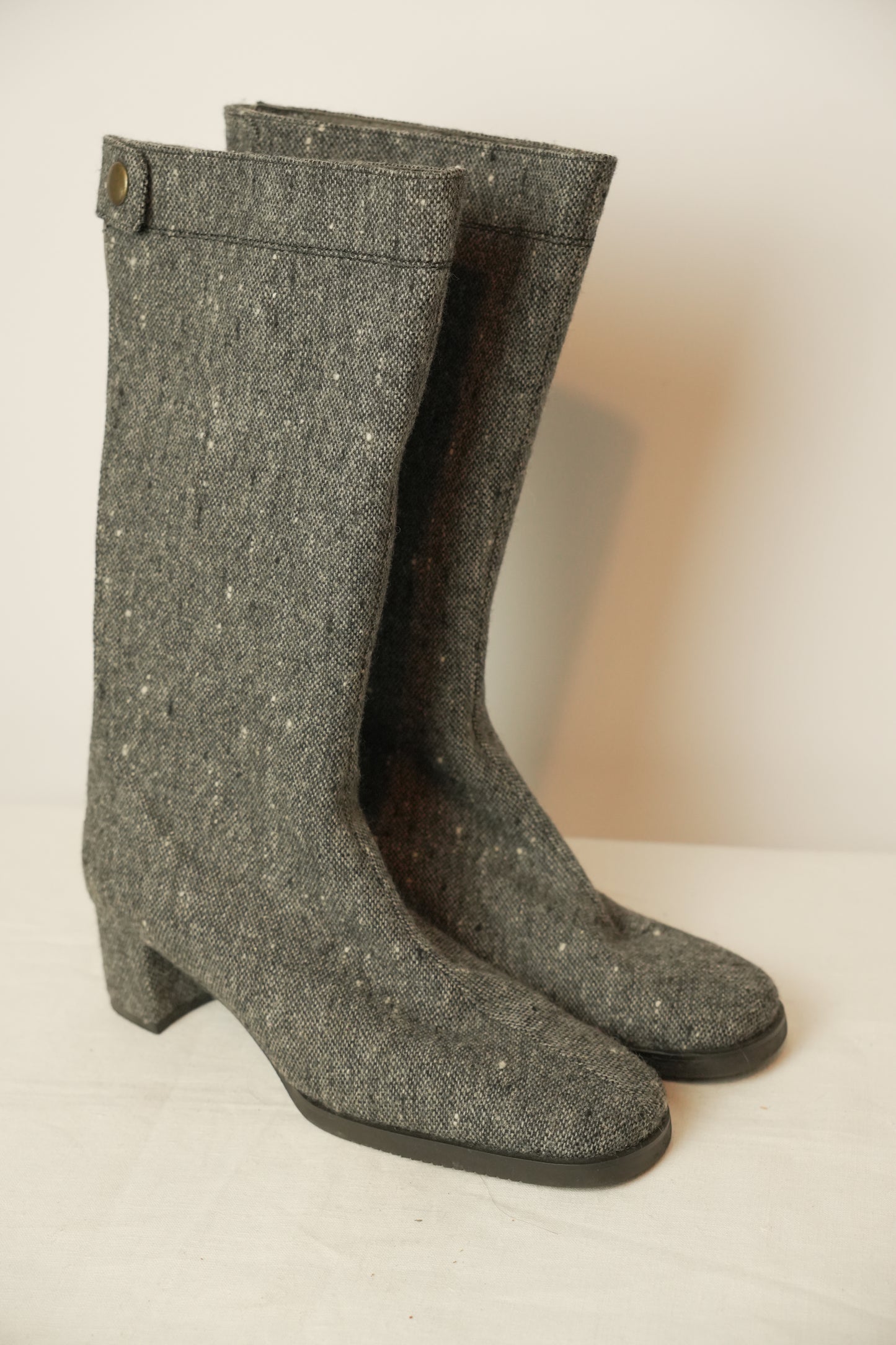 Made in Japan Tweed Wool w Snap Button Knee High Boots