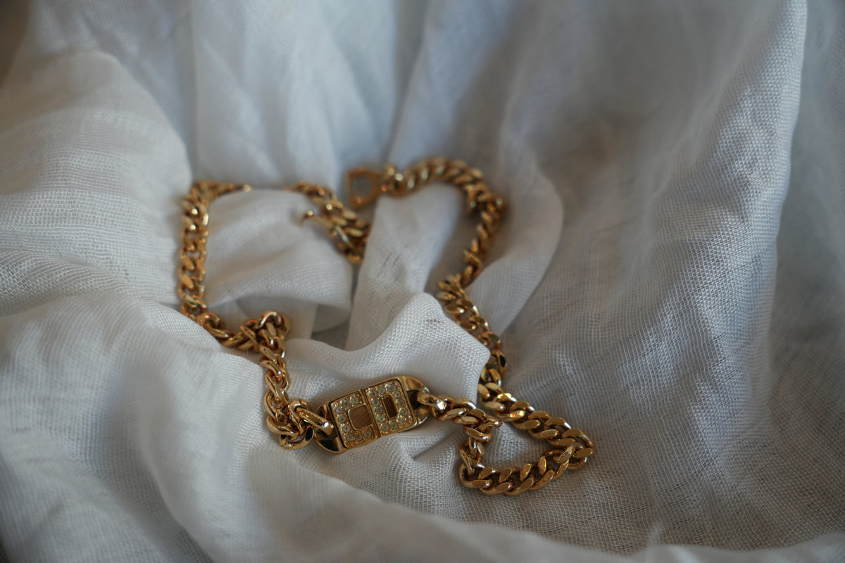 Christian Dior Gold Cuban Chain CD Logo Choker Necklace