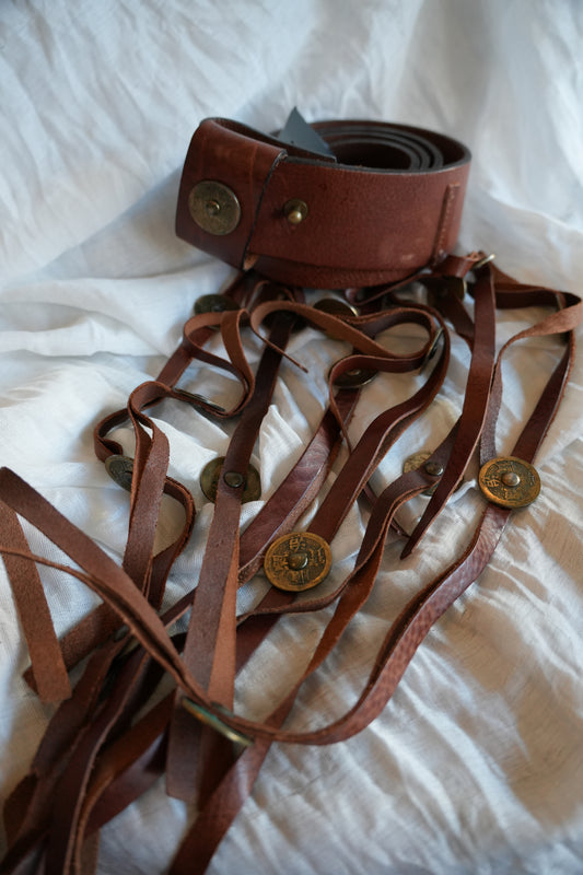 Vivienne Tam Leather Brown Belt w Fringe Coin Detail