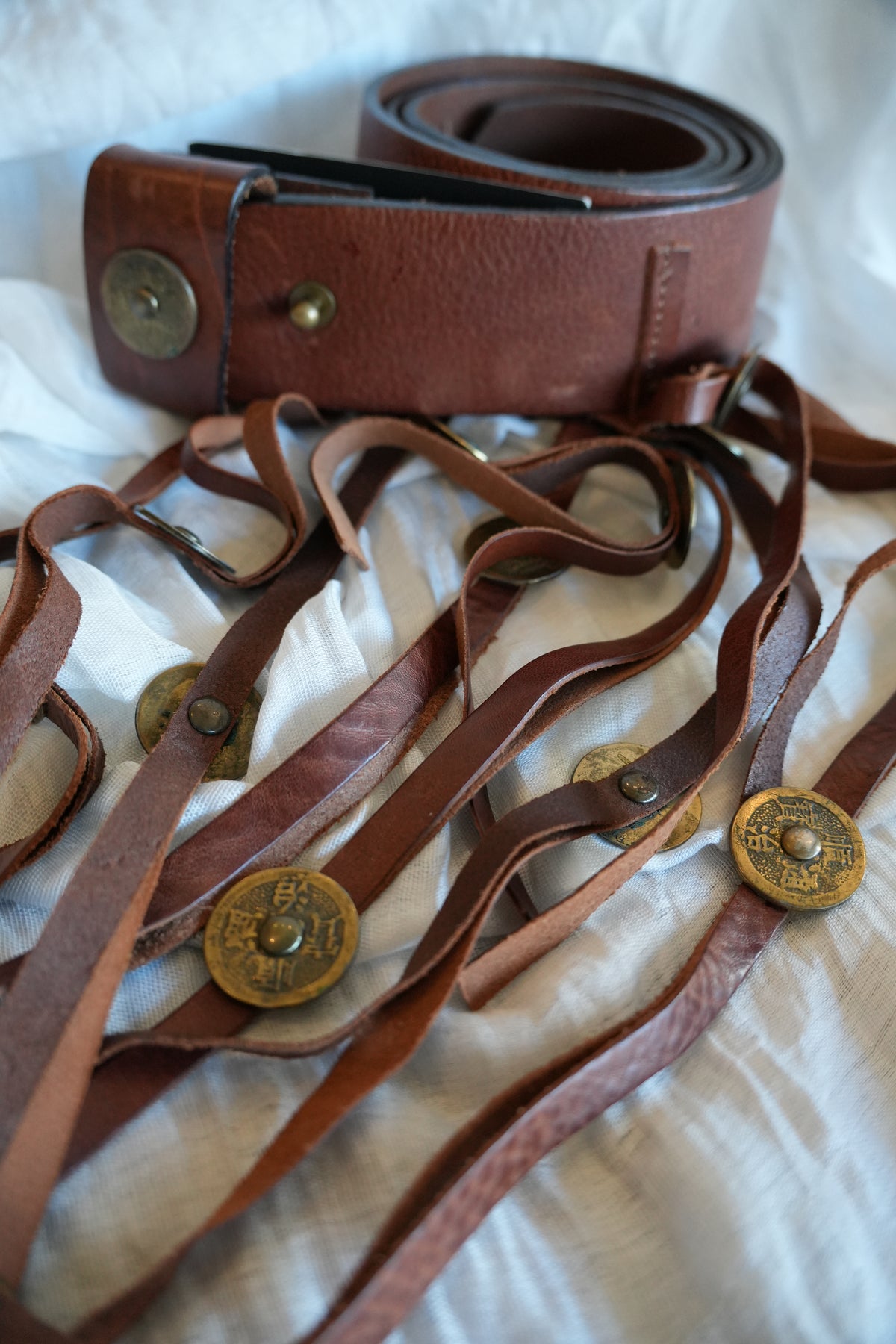 Vivienne Tam Leather Brown Belt w Fringe Coin Detail