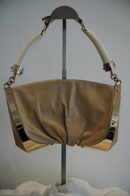 Yves Saint Laurent Double Horn Mombasa Leather Beige Handbag