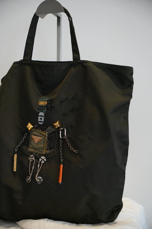 Prada Khaki Nylon Tote Bag w Robot 2005