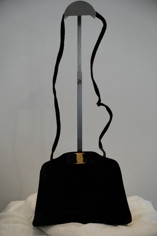 Salvatore Ferragamo Purple Velvet Clutch Crossbody with Gold Ribbon Buckle