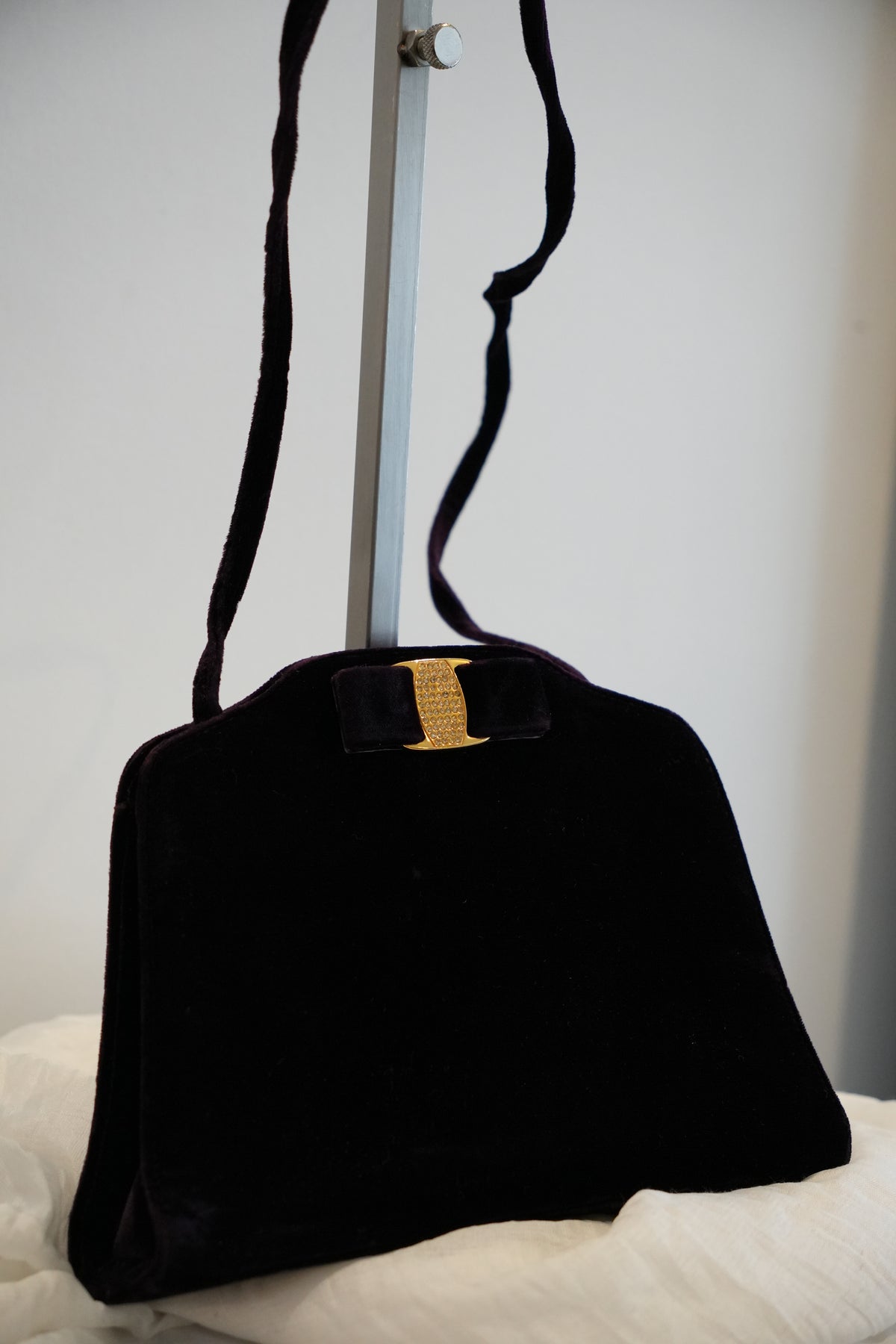 Salvatore Ferragamo Purple Velvet Clutch Crossbody with Gold Ribbon Buckle