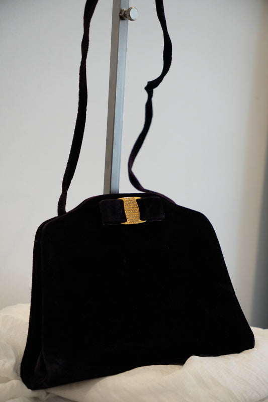 Salvatore Ferragamo Purple Velvet Clutch Crossbody with Gold Ribbon Buckle