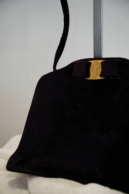 Salvatore Ferragamo Purple Velvet Clutch Crossbody with Gold Ribbon Buckle