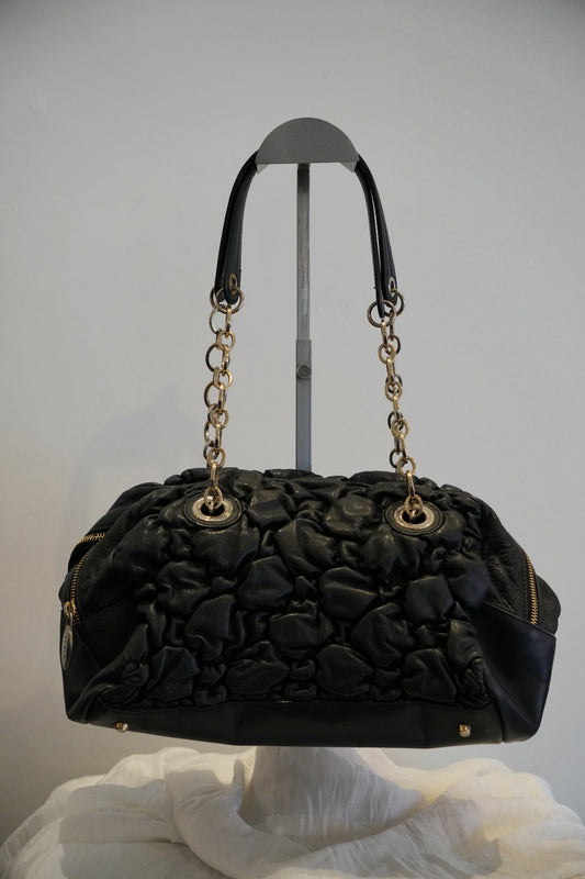 Furla Black Leather Ruched Double Strap & Zipper Handbag