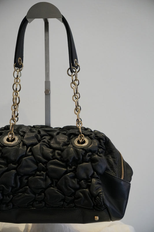 Furla Black Leather Ruched Double Strap & Zipper Handbag