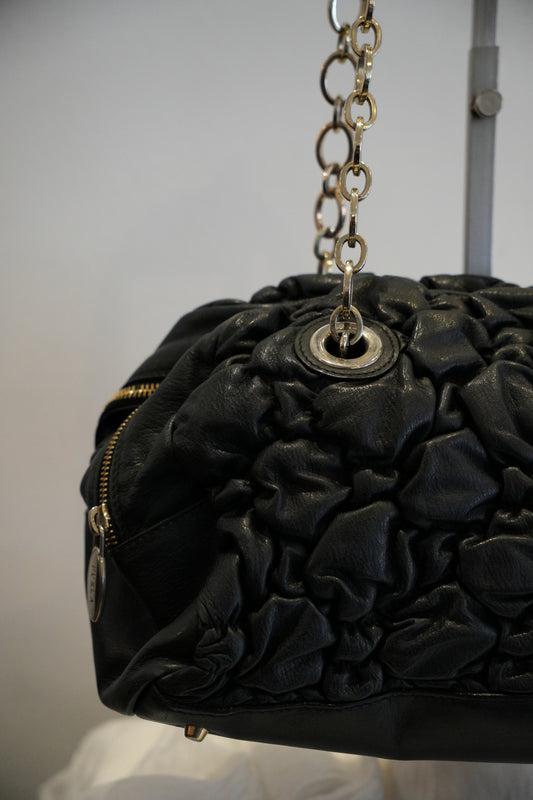 Furla Black Leather Ruched Double Strap & Zipper Handbag