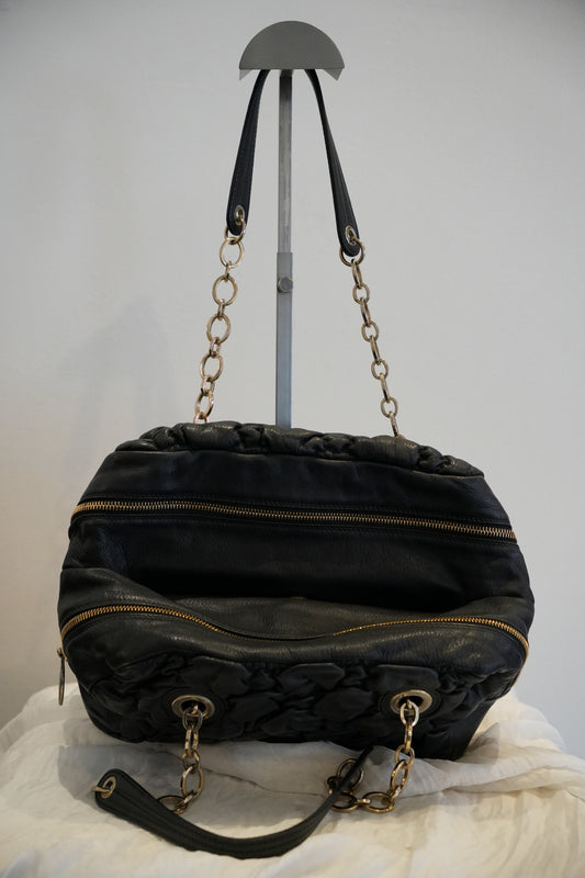 Furla Black Leather Ruched Double Strap & Zipper Handbag