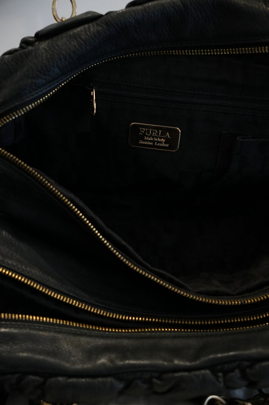 Furla Black Leather Ruched Double Strap & Zipper Handbag