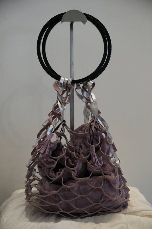 Salvatore Ferragamo Plastic Circle Handle w Purple Net Suede Handbag