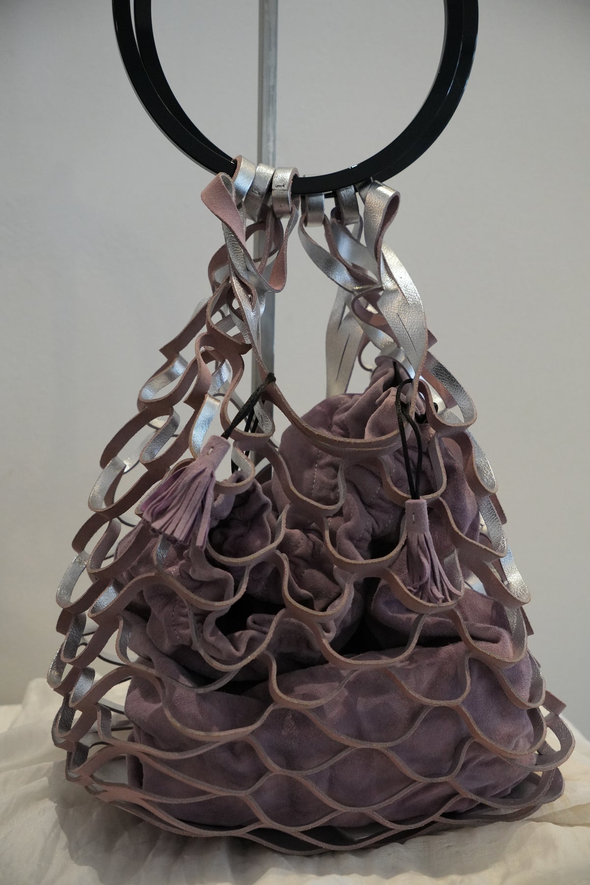 Salvatore Ferragamo Plastic Circle Handle w Purple Net Suede Handbag