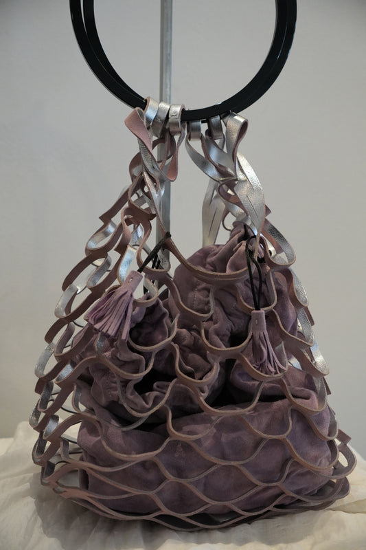 Salvatore Ferragamo Plastic Circle Handle w Purple Net Suede Handbag