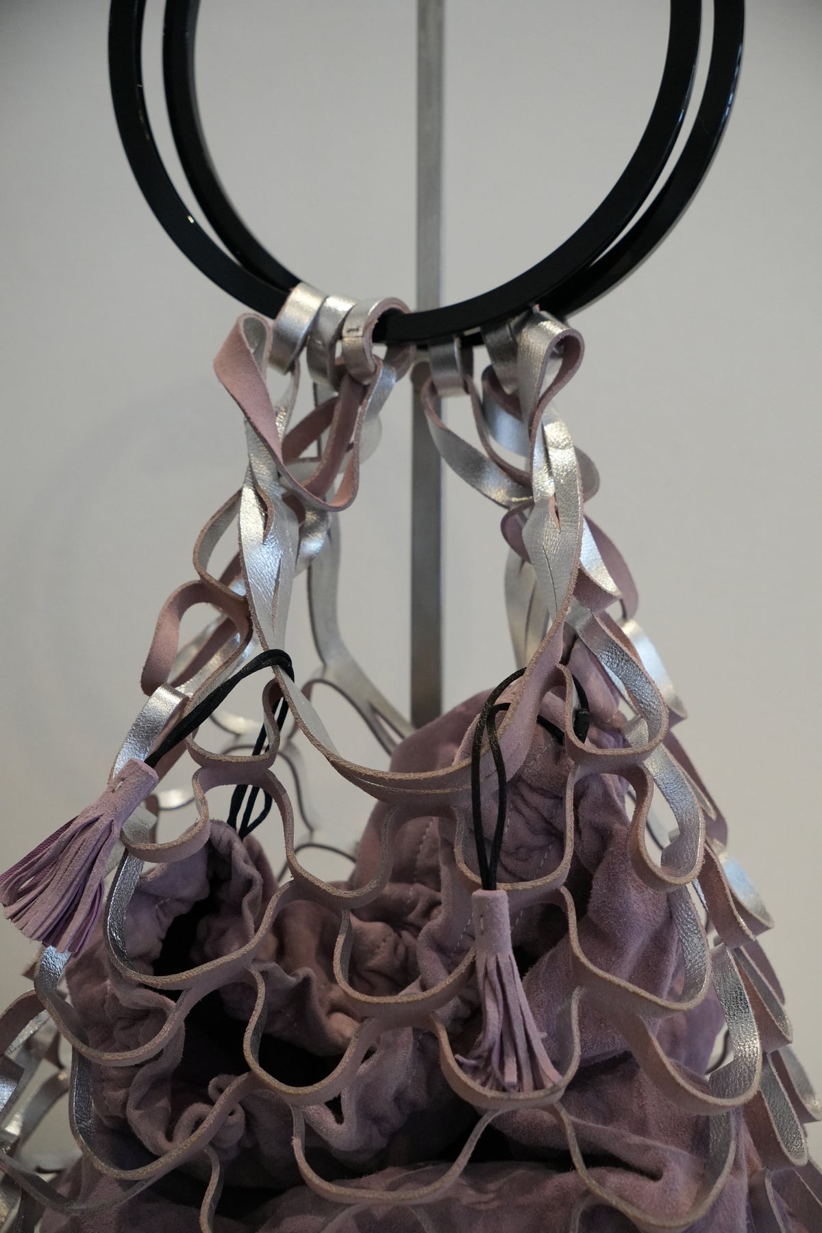 Salvatore Ferragamo Plastic Circle Handle w Purple Net Suede Handbag