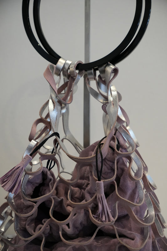 Salvatore Ferragamo Plastic Circle Handle w Purple Net Suede Handbag