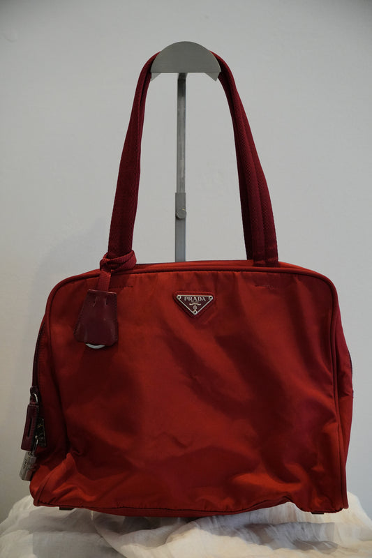 Prada Red Nylon Bowling Bag w Lock, Double Strap Handbag