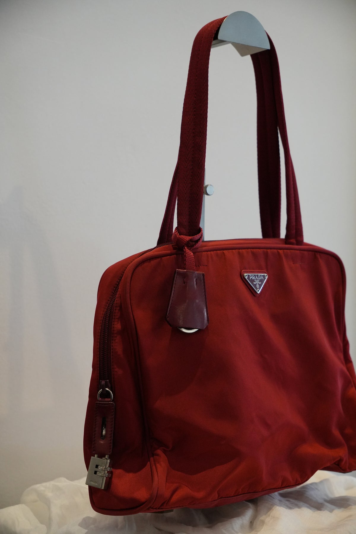 Prada Red Nylon Bowling Bag w Lock, Double Strap Handbag