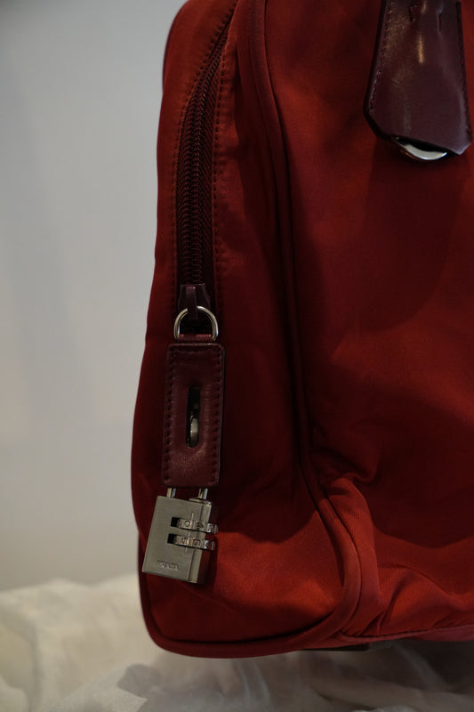 Prada Red Nylon Bowling Bag w Lock, Double Strap Handbag