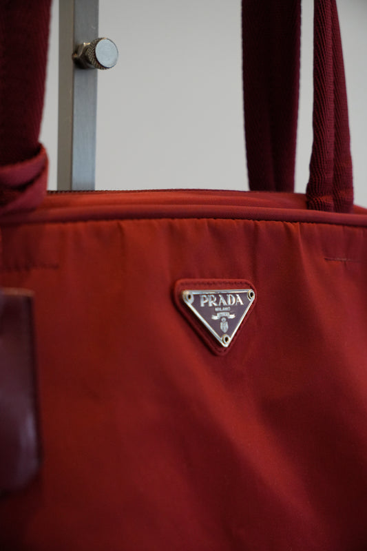 Prada Red Nylon Bowling Bag w Lock, Double Strap Handbag
