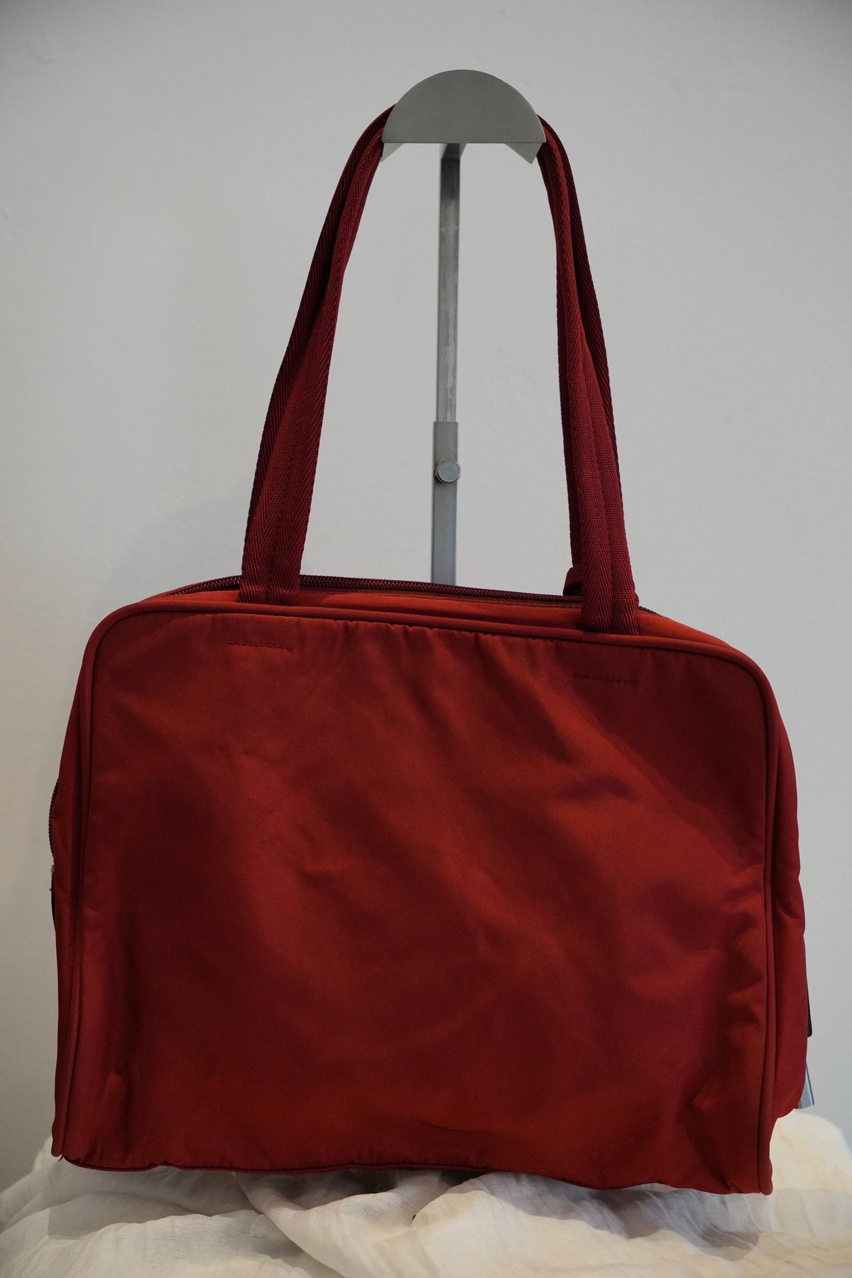 Prada Red Nylon Bowling Bag w Lock, Double Strap Handbag