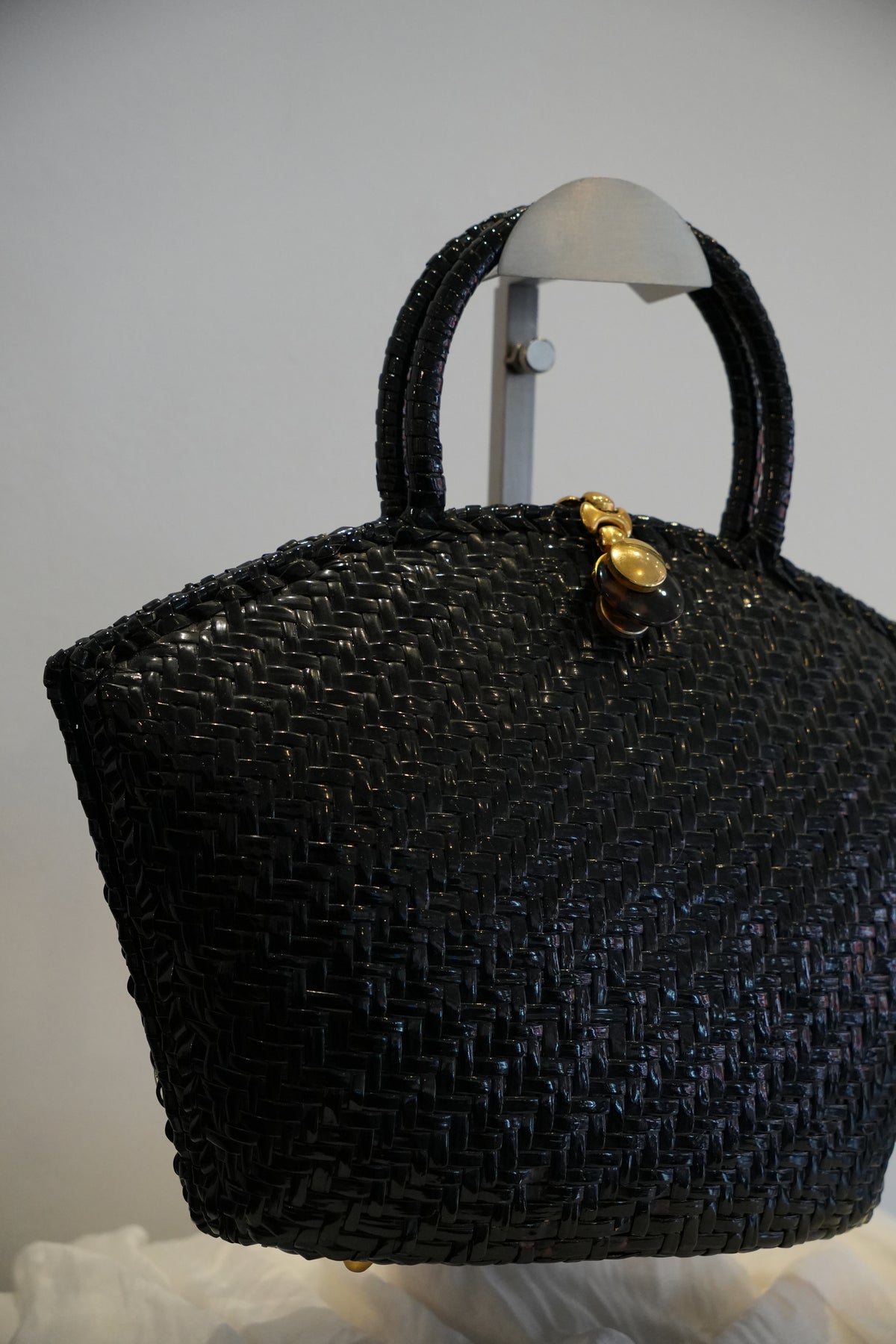 Capaf Black Basket Bag w Gold Metal Clasp