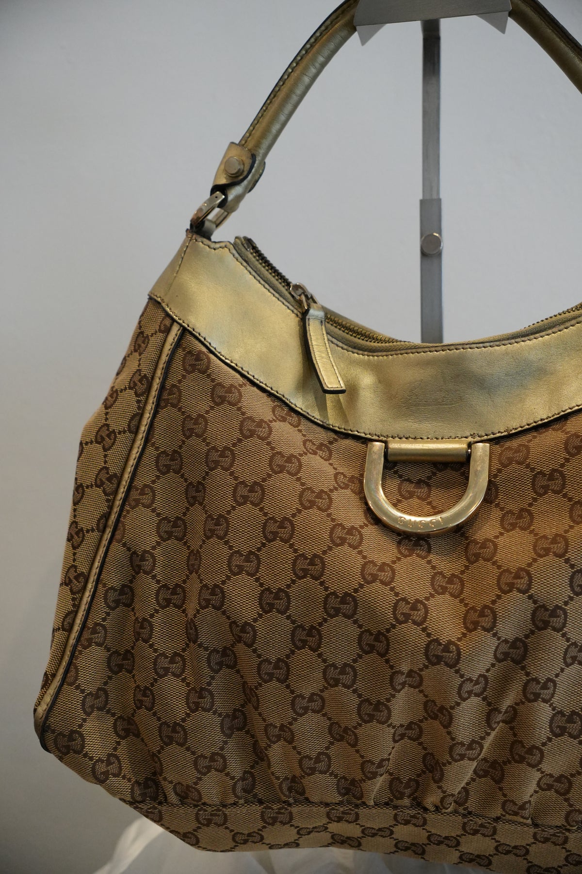 Gucci Monogram Gold Abbey Leather Handbag