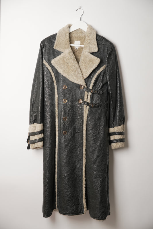 Anna Sui Coated Faux Leather Double Breasted Coat with Shearling-Look Trim