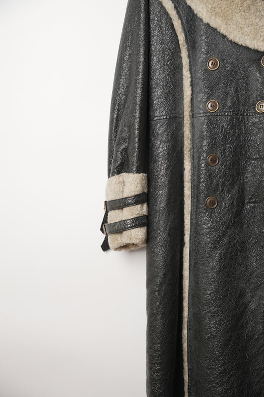 Anna Sui Coated Faux Leather Double Breasted Coat with Shearling-Look Trim